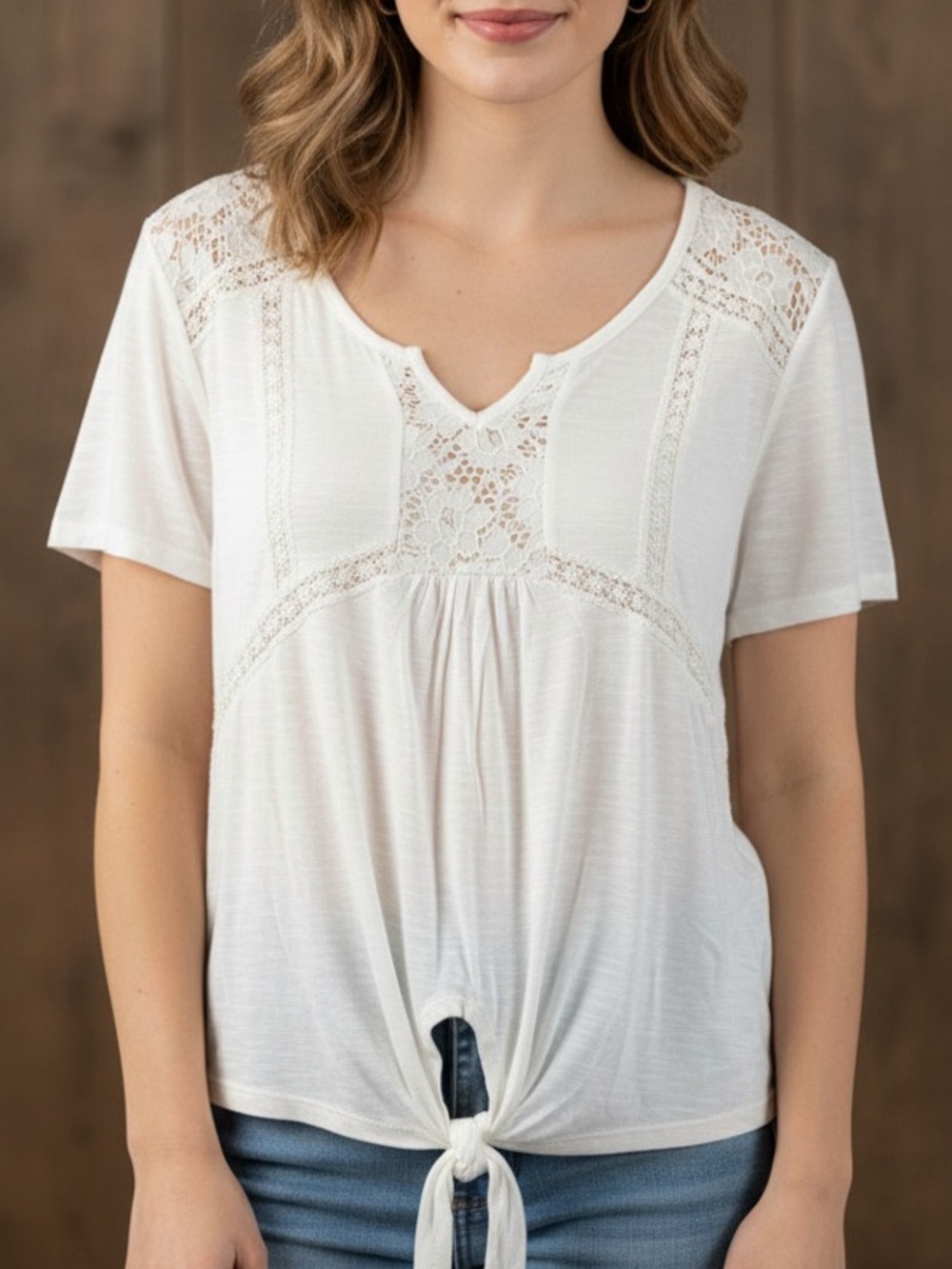 American Rag Lace Inset Tie Front Top SMALL